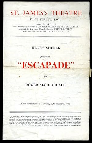 Seller image for Escapade: Souvenir Theatre Programme Performed at St. James's Theatre London [2] for sale by Little Stour Books PBFA Member