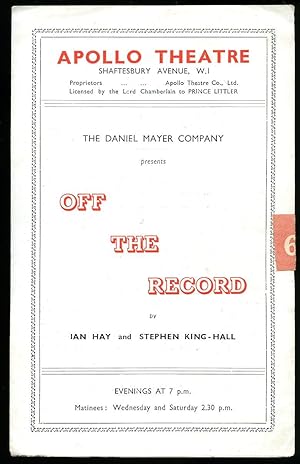 Seller image for Off the Record: Souvenir Theatre Programme Performed at Apollo Theatre, Shaftesbury Avenue, London for sale by Little Stour Books PBFA Member