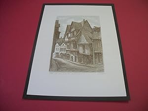 Laval - Grande Rue - Maisons du XVème Siècle - Lithographie originale numérotée et signée par Ber...