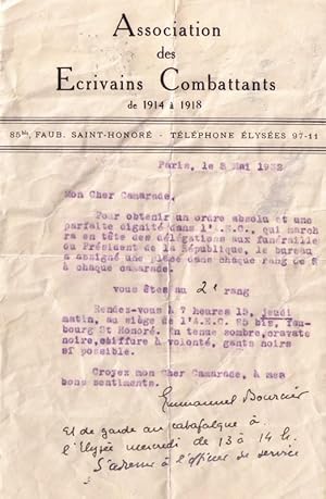 Lettre tapuscrit autographe signée à entête de L'association des Écrivains Combattants de 1914 à ...