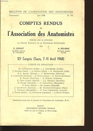 Seller image for BULLETINS DE L'ASSOCIATION DES ANATOMISTES n140 : comptes rendus de l'association des anatomistes 53e congrs (Tours du 7 au 11 avril 1968) for sale by Le-Livre
