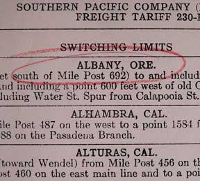 Freight Tariff list, ordered by Switching Limits.