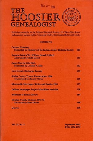 Bild des Verkufers fr The Hoosier Genealogist September 1995 Volume 35 No. 3 zum Verkauf von Book Booth