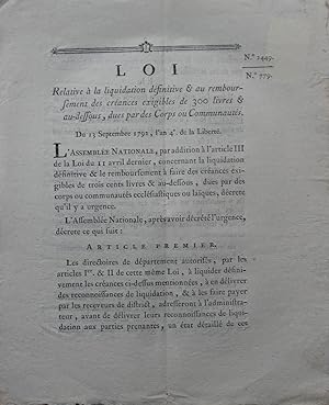 Loi relative à la liquidation définitive & au remboursement des créances exigibles de 300 livres ...