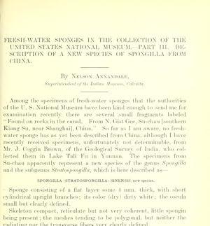 Imagen del vendedor de Fresh Water Sponges In The Collection Of The United States National Museum Part III: Descriptions Of A New Species Of Spongilla From China a la venta por Legacy Books II