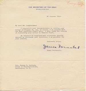 Bild des Verkufers fr James Forrestal letter to George E. Outland with the Secretary Of the Navy letterhead. zum Verkauf von Pacific Rim Used Books  LLC