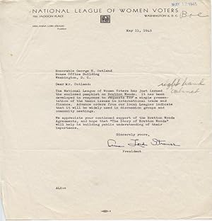 Seller image for Anna Lord Strauss letter to Congressman George E. Outland On a National League of Women Voters Letterhead for sale by Pacific Rim Used Books  LLC