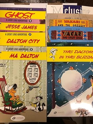 Seller image for Set of 8 Cinebook European Comic books In English, 5 Lucky Luke books GHOST TOWN, JESSE JAMES, DALTON CITY, MA DALTON, THE DALTONS IN THE BLIZZARD 2 Yakari books YAKARI AND GREAT EAGLE and YAKARI AND THE GRIZZLY and 1 Melusine book, HOCUS POCUS for sale by CKR Inc.