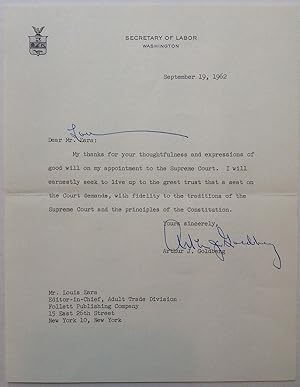 Typed Letter Signed in Response to his Supreme Court Appointment