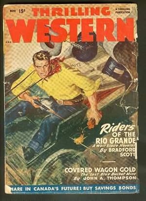 Imagen del vendedor de THRILLING WESTERN, Pulp magazine. November, 1948. >> "Riders of the Rio Grande" (Texas Ranger Walt Slade El Halcon) and R.M.Williams "Hot Lead for Claim Jumpers" a la venta por Comic World