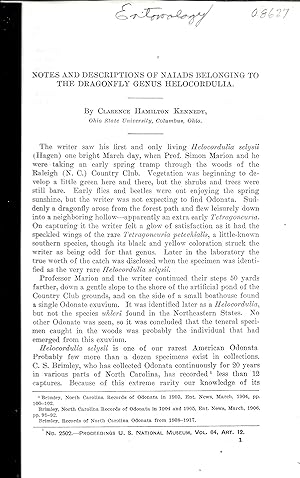 Image du vendeur pour NOTES AND DESCRIPTIONS OF NAIADS BELONGING TO THE DRAGONFLY GENUS HELOCORDULIA. mis en vente par Legacy Books