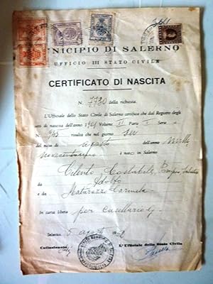 "MUNICIPIO DI SALERNO, Ufficio di Stato Civile -CERTIFICATO DI NASCITA, Salerno 5 Agosto 1952"