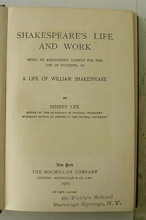 Image du vendeur pour Shakespeare's Life and Work. mis en vente par Monkey House Books