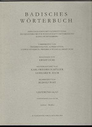 Bild des Verkufers fr Badisches Wrterbuch : Lieferung 64/65 : rechten - Riedlos , Vierter (IV.) Band. Einzellieferungen. Herausgegeben mit Untersttzung des Ministeriums fr Wissenschaft u. Forschung Baden-Wrttemberg. Vorbereitet von Friedrich Kluge, Alfred Gtze, Ludwig Stterlin, Friedrich Wilhelm und Ernst Ochs. zum Verkauf von Antiquariat Peda