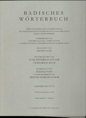 Immagine del venditore per Badisches Wrterbuch : Lieferung 70/71 : Samstagabend - Schlete , Vierter (IV.) Band. Einzellieferungen. Herausgegeben mit Untersttzung des Ministeriums fr Wissenschaft u. Forschung Baden-Wrttemberg. Vorbereitet von Friedrich Kluge, Alfred Gtze, Ludwig Stterlin, Friedrich Wilhelm und Ernst Ochs. venduto da Antiquariat Peda