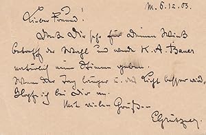 Eigenh. Postkarte an Prof. Karl Raupp, Unterschrift, datiert M.(ünchen), 6.12.03, 1 S., 7 Zeilen