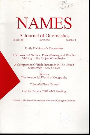 Imagen del vendedor de Names: A Journal of the American Name Society: Volume 54, No.1: March, 2006 a la venta por Dorley House Books, Inc.