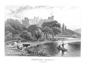 Bild des Verkufers fr Arundel Castle - Fine view of Castle with People, Boats and Cattle in Foreground - an Original Antique Colour View. zum Verkauf von K Books Ltd ABA ILAB