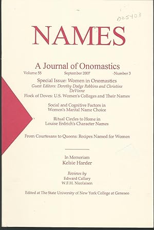 Seller image for Names: Journal of the American Name society: Volume 55, No.3: September, 2007 for sale by Dorley House Books, Inc.