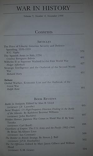 Imagen del vendedor de WAR IN HISTORY Volume 5 Number 4 1998 a la venta por Rothwell & Dunworth (ABA, ILAB)