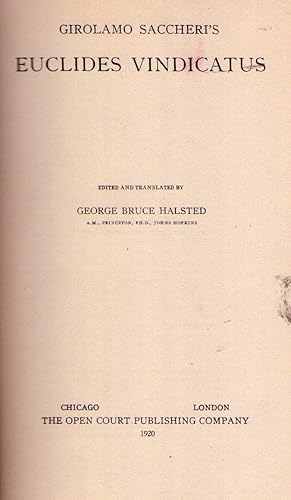 Bild des Verkufers fr EUCLIDES VINDICATUS. Edited and translated by George Bruce Halsted zum Verkauf von Buenos Aires Libros