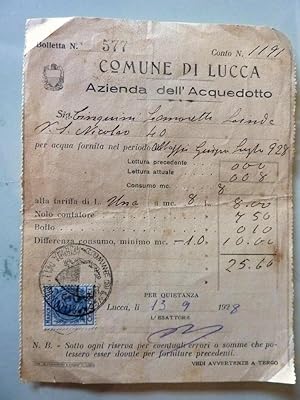 Quietanza "COMUNE DI LUCCA - Azienda dell'Acquedotto Lucca 13.09.1928"
