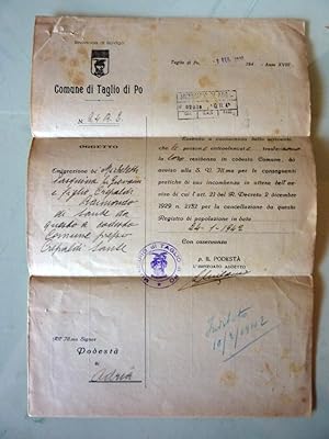 Documento "COMUNE DI TAGLIO DI PO All. Illustrissimo PODESTA' di ADRIA, Oggetto: Emigrazione di M...