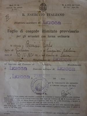 Documento "REGIO ESERCITO ITALIANO Distretto Militare di Lucca - FOGLIO DI CONGEDO ILLIMITATO PRO...