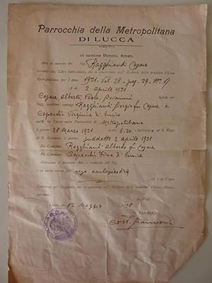 Documenti "PARROCCHIA DELLA METROPOLITANADI LUCCA - Certificato di Battesimo Lucca 12 Maggio 1938"