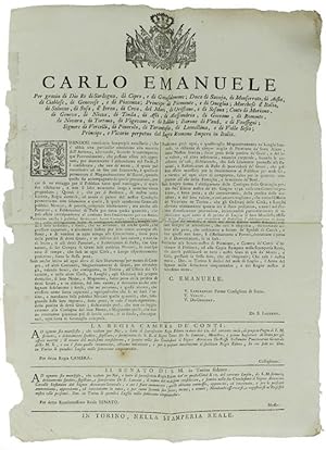 Seller image for Manifesto originale del 1752) ESSENDOSI CONOSCIUTO SEMPREPIU' NECESSARIO, CHE S'ABBIA UNA PARTICOLAR ATTENZIONE ALLA MATERIA DELL'ANNONA Dat. in Torino li 12 del mese di Luglio, l'Anno del Signore 1752 e del Regno nostro ventesimo terzo.: for sale by Bergoglio Libri d'Epoca