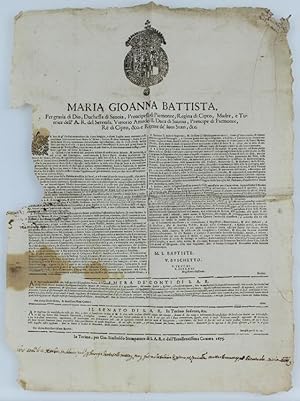 Immagine del venditore per Manifesto originale del 1675) SE BEN DA GL'ORDINI ANTECEDENTI DE DIECE MAGGIO, E DIECE LUGLIO ANNO CORRENTE, RESTI PROHIBITA L'ESTRATTIONE FUORI STATO DE' GRANI Dat. in Torino li tredeci di Novembre 1675.: venduto da Bergoglio Libri d'Epoca