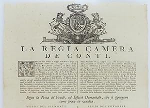 Seller image for (Manifesto originale) LA REGIA CAMERA DE' CONTI. Sendo stati riuniti al Regio Patrimonio dopo il Manifesto nostro de' 29 Luglio 1752 diversi Feudi, Beni, Dritti, Redditi, ed Effetti demaniali. Dat.i Torino li 20 dicembre 1754 [documento originale]: for sale by Bergoglio Libri d'Epoca