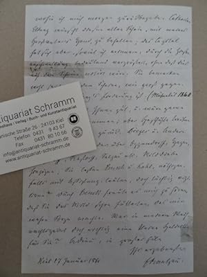 (Lümby 1827 - 1888 Kiel). Eigenhändiger Brief m. Unterschrift an den Herrn Förster Rotermann in R...