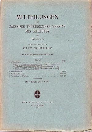 Imagen del vendedor de Mitteilungen des Schsisch-Thringischen Vereins fr Erdkunde zu Halle / S. Jahrgang 57 und 58, 1933 - 34. Im Inhalt u.a.: Abhandlungen: Hugo Zauft 'Wirtschaftsgeographische Untersuchung ber den Harz und sein Verhltnis zum mitteldeutschen Raum' / Ewald Schaper 'Die Talgeschichte und Oberflchengestaltung im Flugebiet der Innerste (nach Hans Spreitzer)' / Herbert Buschendorf 'Die Flurformen der Rodesiedelungen im oberen und mittleren Eichsfeld' / Literatur - Bericht / Vereinsnachrichten / Mitgliederverzeichnis. a la venta por Antiquariat Carl Wegner