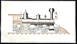 [Steam Locomotive] An original ink and watercolour drawing of an American steam locomotive