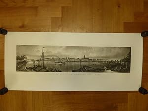 Bild des Verkufers fr Panorama von Frankfurt a/M, Main- und Stadtansicht von Sachsenhausen aus (Flussufer, Schiffe, reiche Personenstaffage), originalgetreuer Nachdruck einer Panorma-Ansicht Frankfurt von ca. 1855, gestochen von Wilh. Lang nach einer Original-Zeichnung von Bamberger, zum Verkauf von Antiquariat Orban & Streu GbR