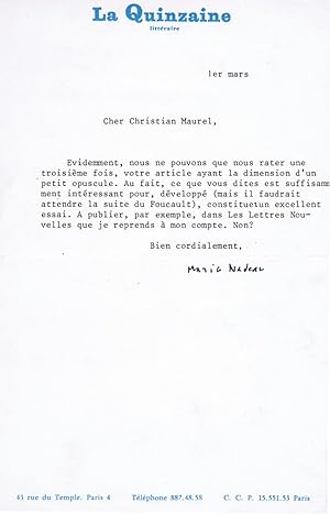 Lettre tapuscrite signée à l'écrivain Christian Maurel