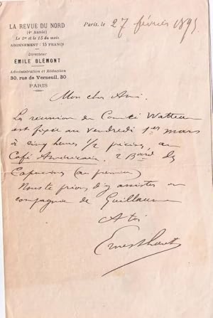 Billet autographe signé à entête de La Revue du Nord du journaliste et écrivain Ernest LAUT. Conv...