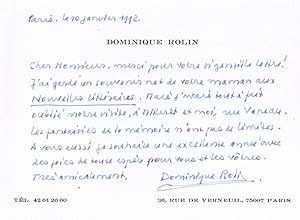 Carte autographe signée de Dominique Rolin. 10 Janvier 1992.