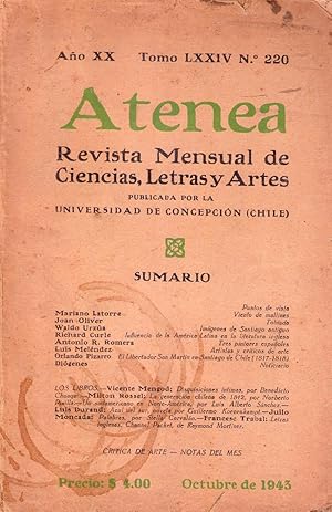 Imagen del vendedor de ATENEA - No. 220 - Ao XX, tomo LXXIV, octubre de 1943 a la venta por Buenos Aires Libros