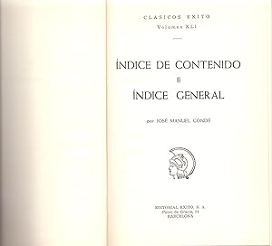Immagine del venditore per INDICE DE CONTENIDO E INDICE GENERAL (CLASICOS EXITOS, VOLUMEN XLI) venduto da Libreria 7 Soles