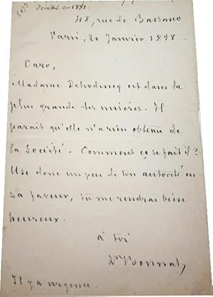 Bild des Verkufers fr Lettre Autographe Siigne du 20 Janvier 1888 adresse  Caro au sujet du peintre Dehodencq. zum Verkauf von JOIE DE LIRE