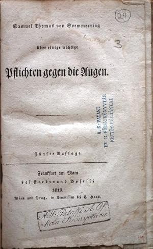 Bild des Verkufers fr ber einige wichtige Pflichten gegen die Augen. zum Verkauf von Patrick Pollak Rare Books ABA ILAB