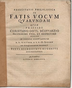 Immagine del venditore per Philosophische bung: De fatis vocum quarundam (ber die Weissagungen einiger Zaubersprche). venduto da Wissenschaftliches Antiquariat Kln Dr. Sebastian Peters UG