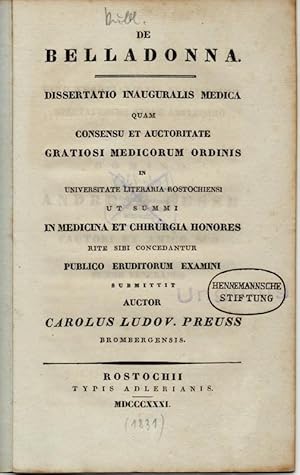 Seller image for Medizinische Inaugural-Dissertation. De belladonna (Tollkirsche). for sale by Wissenschaftliches Antiquariat Kln Dr. Sebastian Peters UG