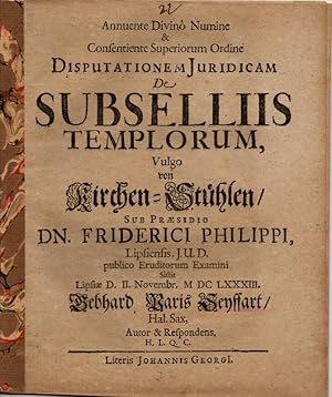 Imagen del vendedor de De subsellis templorum (Von Kirchen-Sthlen). a la venta por Wissenschaftliches Antiquariat Kln Dr. Sebastian Peters UG