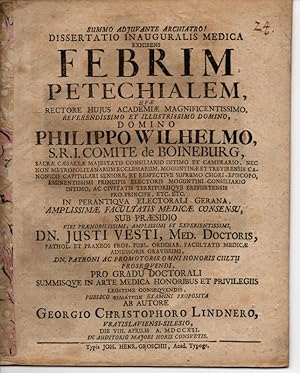 Bild des Verkufers fr Medizinische Inaugural-Dissertation. Febrim petechialem. (ber Fieber mit Petechien). zum Verkauf von Wissenschaftliches Antiquariat Kln Dr. Sebastian Peters UG