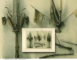 Bild des Verkufers fr INDIGENOUS WEAPONS: Original 19th Century Tinted Lithograph Print. zum Verkauf von Librarium of The Hague