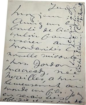 Lettre Autographe Signée adressée à Henri de Weindel, directeur du journal Excelsior, au sujet d'...