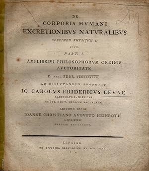 Imagen del vendedor de Medizinische Dissertation. De corporis humani excretionibus naturalibus. Specimen physicum I. cuius part. I. a la venta por Wissenschaftliches Antiquariat Kln Dr. Sebastian Peters UG